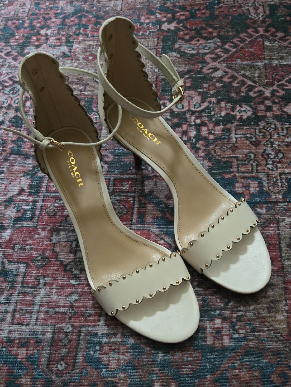 COACH Cream Scalloped Ankle-Strap Heels with Gold Studs